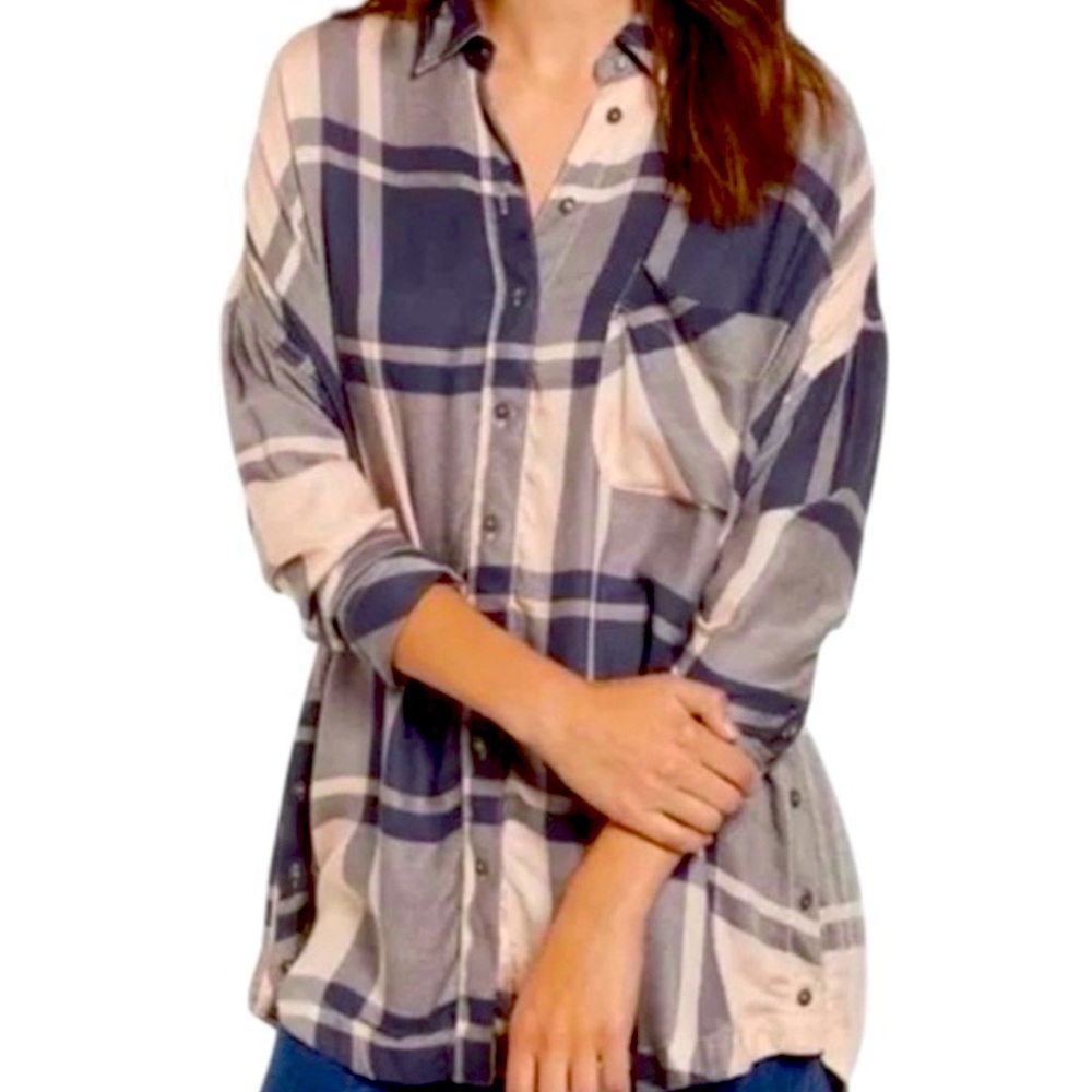 Free People Blue & Pink Oversized Light Flannel Sz XS